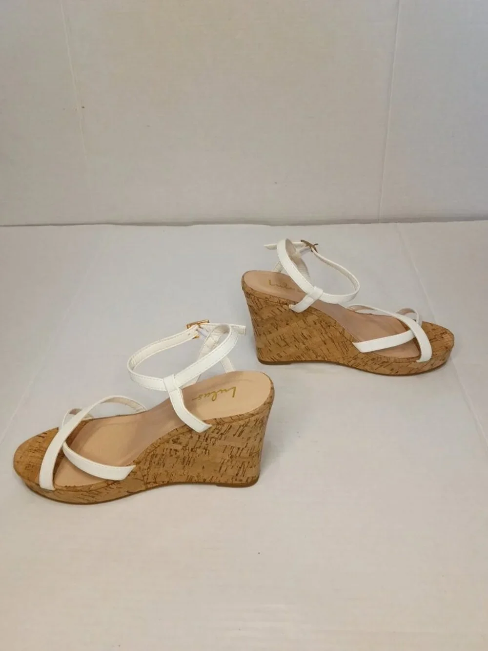 Lulus White Strappy Cork Look Wedge Sandals Women’s Size 8.5
